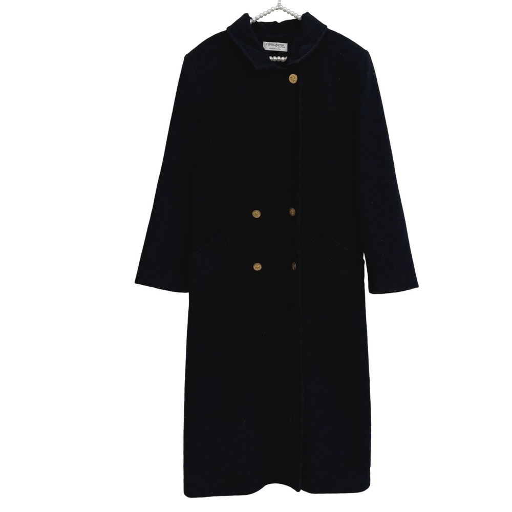 VTG 70s Forecaster Wool Long Coat Black Solid Gold Button Dark Academia XL 13 14